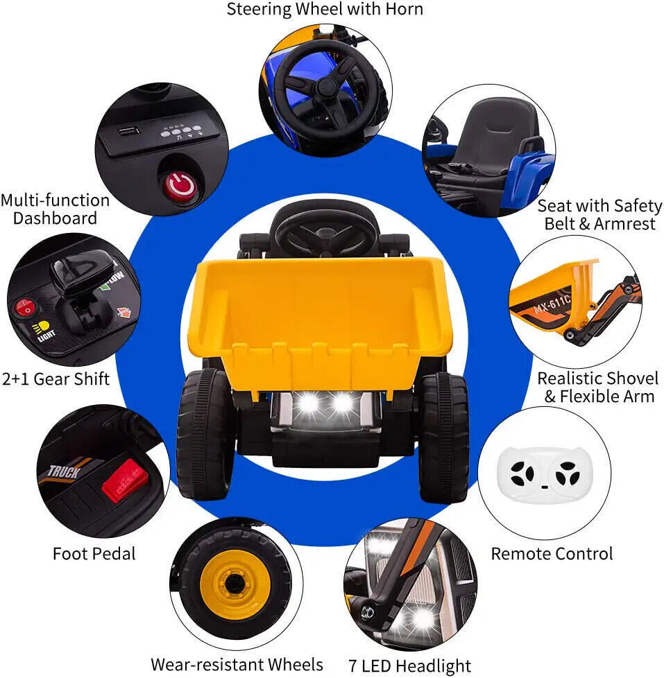 12V Electric Ride On Car for Kids with Bluetooth Remote and Bucket Control