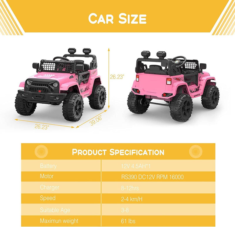12V Electric Ride On Car for Kids with Bluetooth Remote Control - 2 Speeds, Pink