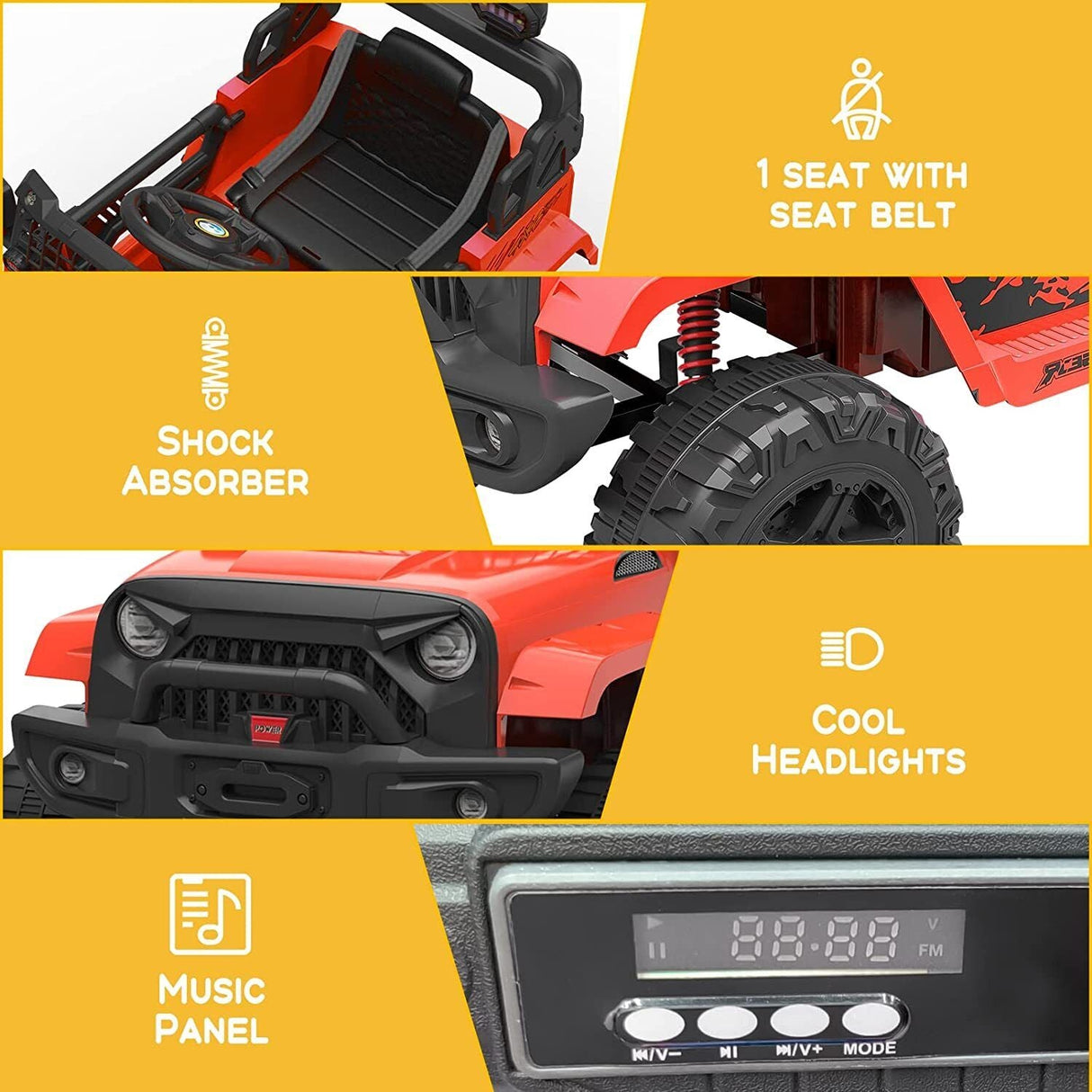 12V Electric Ride-On Car for Kids with Remote Control, LED Lights, and Bluetooth - 2 Speed Options