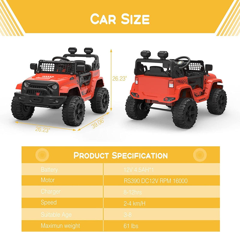 12V Electric Ride-On Car for Kids with Remote Control, LED Lights, and Bluetooth - 2 Speed Options