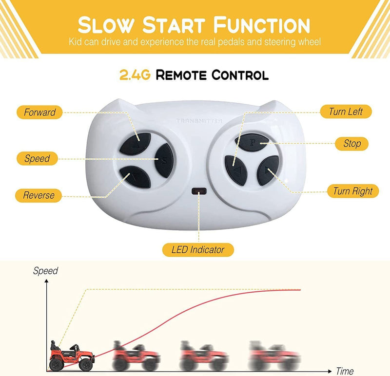 12V Electric Ride-On Car for Kids with Remote Control, LED Lights, and Bluetooth - 2 Speed Options