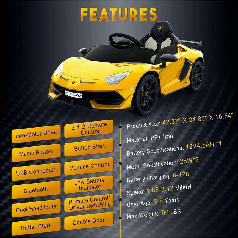 12V Electric Battery Powered Sports Car for Kids with Remote Control - Yellow