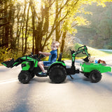 Yellow 12V Electric Ride-On Excavator Bulldozer Rubber Tires with Trailer for Kids - Remote Control Included