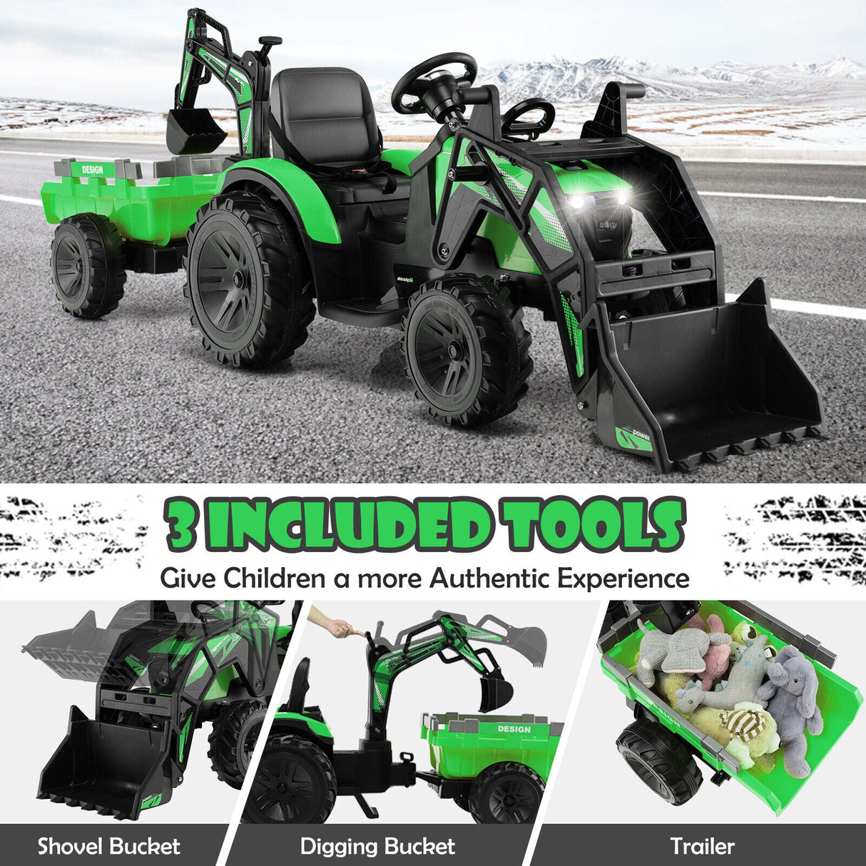 Yellow 12V Electric Ride-On Excavator Bulldozer Rubber Tires with Trailer for Kids - Remote Control Included