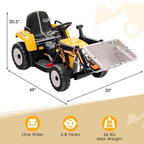 12V Electric Ride-On Excavator Digger Tractor with RC Control and Digging Bucket - Yellow