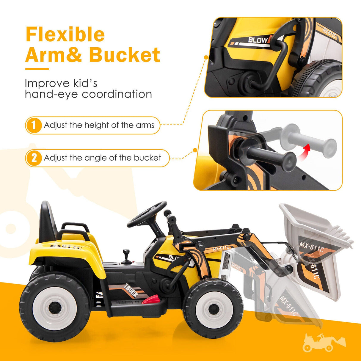 12V Electric Ride-On Excavator Digger Tractor with RC Control and Digging Bucket - Yellow