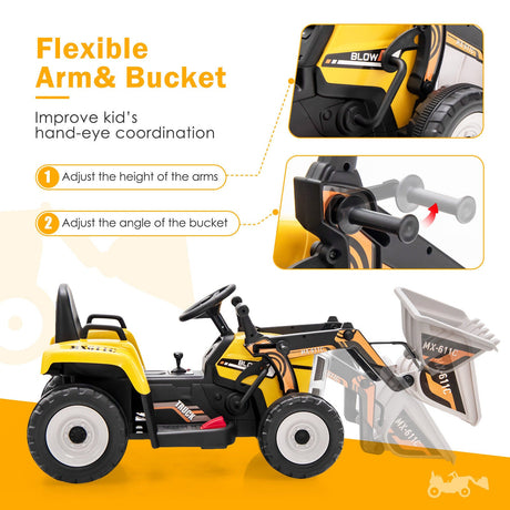 12V Electric Ride-On Excavator Digger Tractor with RC Control and Digging Bucket - Yellow