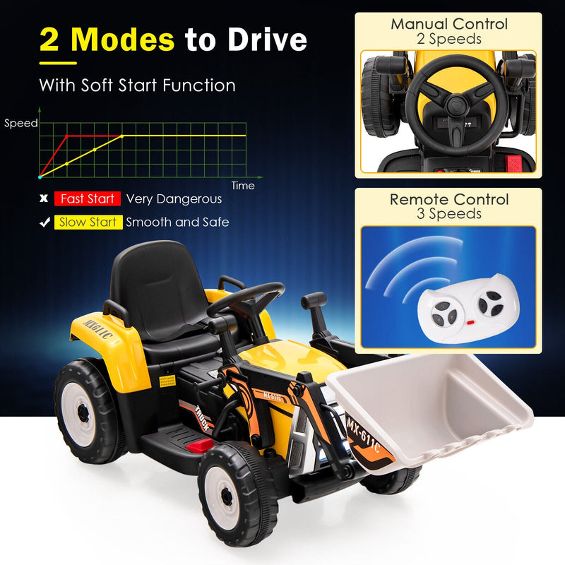 12V Electric Ride-On Excavator Digger Tractor with RC Control and Digging Bucket - Yellow