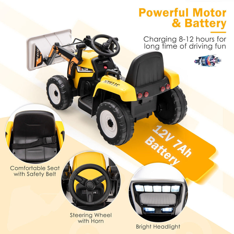 12V Electric Ride-On Excavator Digger Tractor with RC Control and Digging Bucket - Yellow