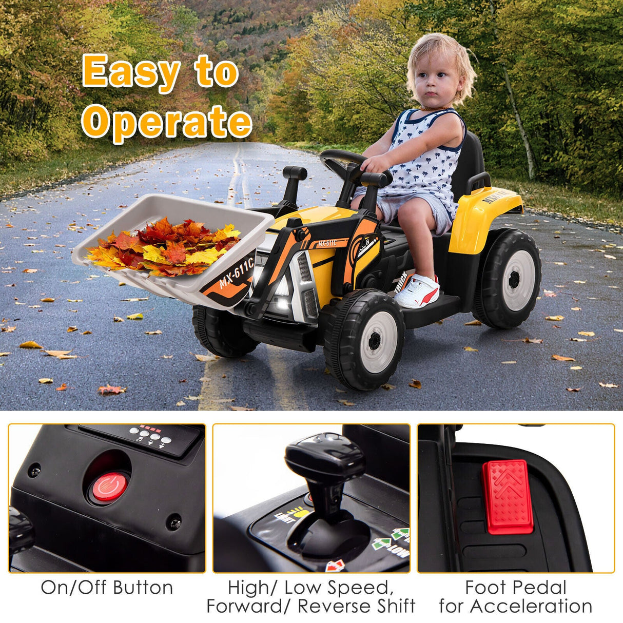 12V Electric Ride-On Excavator Digger Tractor with RC Control and Digging Bucket - Yellow