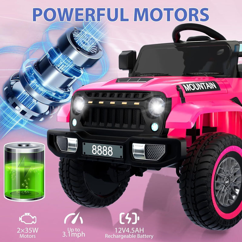 12V Electric Ride On Jeep Toy Car for Kids with Remote Control, Music, and LED Lights - 3 Speed Options