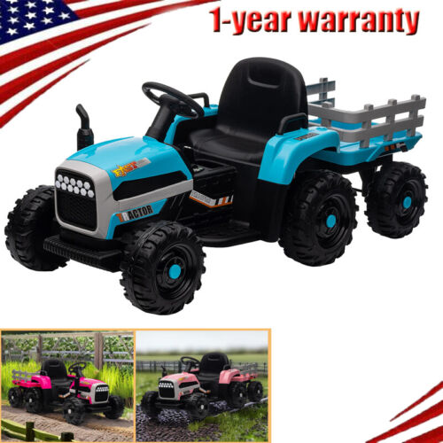 12V Electric Ride On Toy Tractor with Trailer for Kids - Remote Controlled
