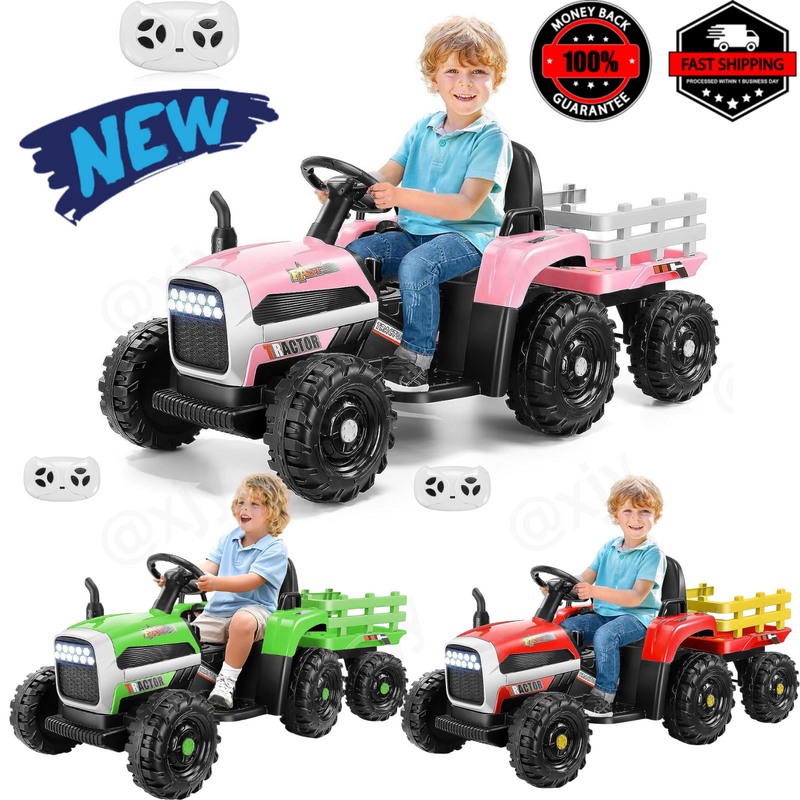 12V Electric Ride-On Tractor for Kids with Remote Control and Trailer Attachment