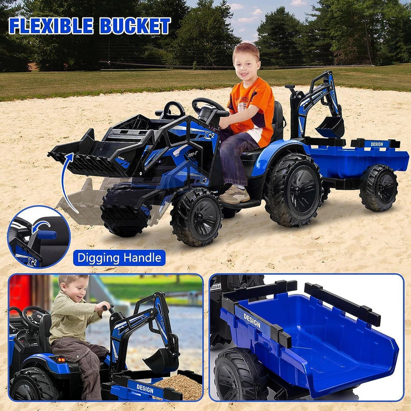 12V Electric Ride On Tractor Toy with Remote Control, Trailer, and LED Light - Perfect Gift for Kids
