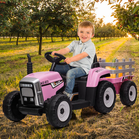 12V Electric Ride-On Tractor with Trailer and MP3 Player for Kids - Featuring 7 LED Headlights