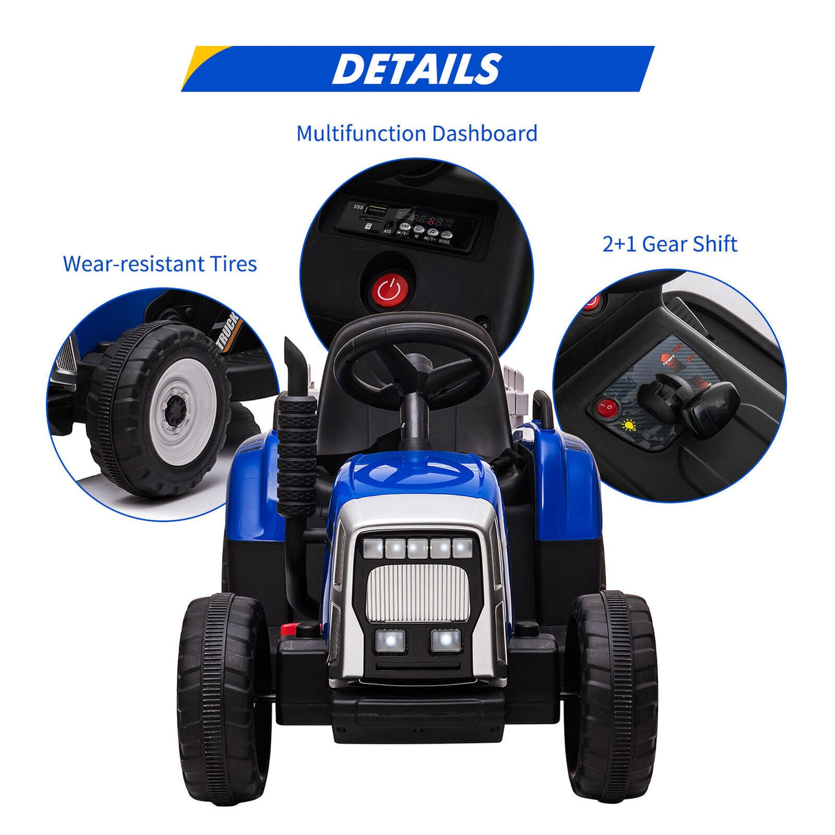 12V Electric Ride-On Tractor with Trailer and MP3 Player for Kids - Featuring 7 LED Headlights