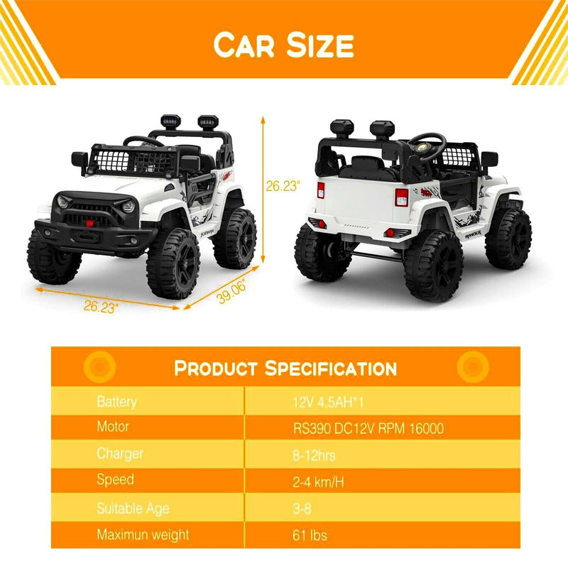 12V Electric Ride-On Truck for Kids with Remote Control - 2 Speeds, White