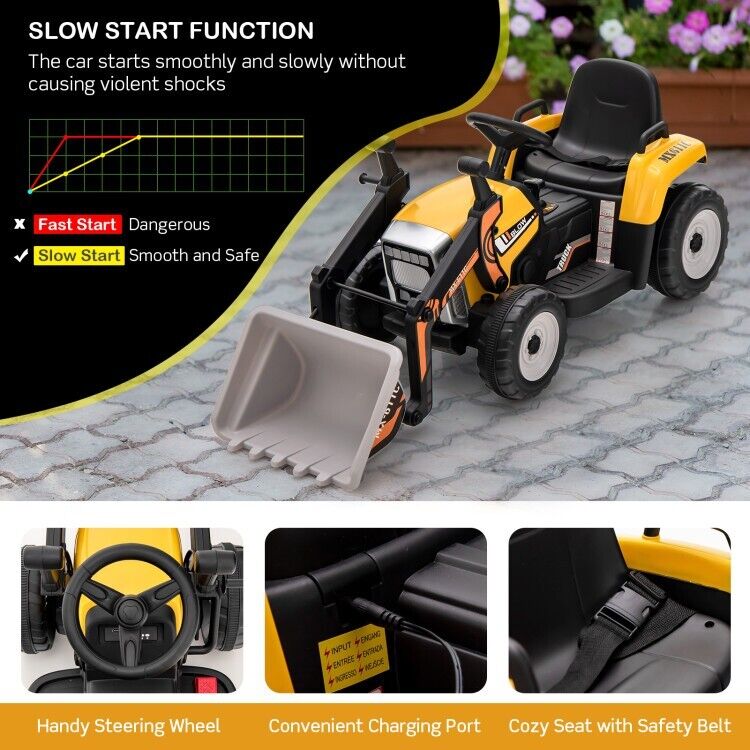 12V Electric Tractor RC Excavator Digger with Digging Bucket for Kids - Yellow