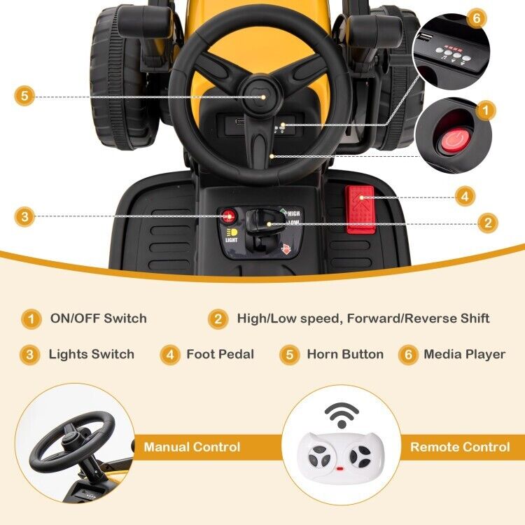 12V Electric Tractor RC Excavator Digger with Digging Bucket for Kids - Yellow