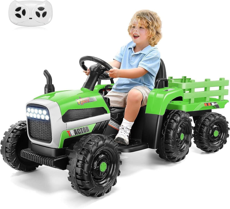 12V Electric Tractor Ride-On Toy Car with Trailer for Kids - Green