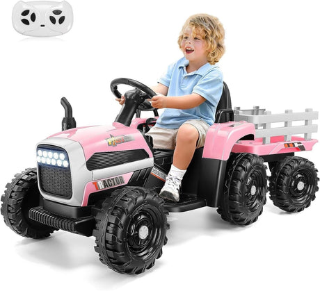12V Electric Tractor Ride-On Toy Car with Trailer for Kids - Pink