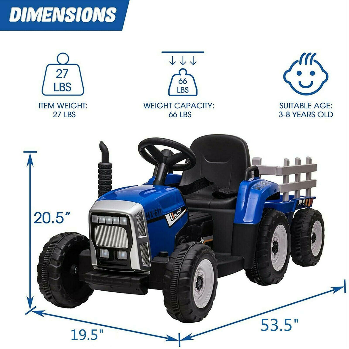 12V Electric Tractor Ride-On Toy with Trailer for Kids