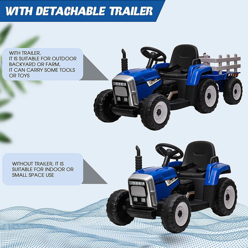 12V Electric Tractor Ride-On Toy with Trailer for Kids