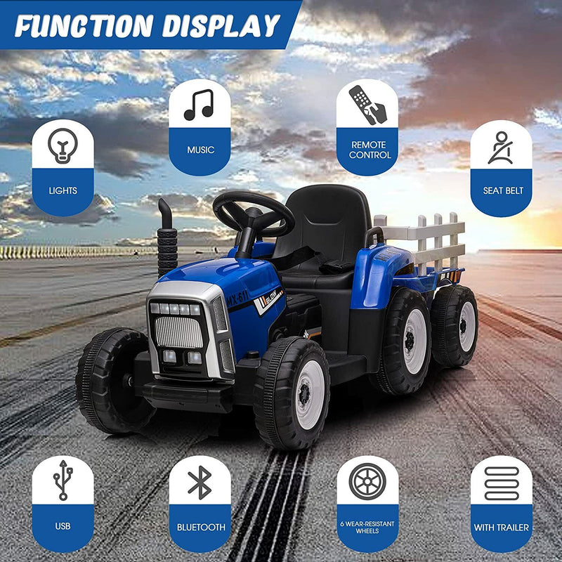 12V Electric Tractor Ride-On Toy with Trailer for Kids