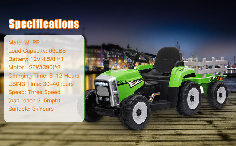 12V Electric Tractor with Trailer for Kids - Remote Control Ride-On Toy Car