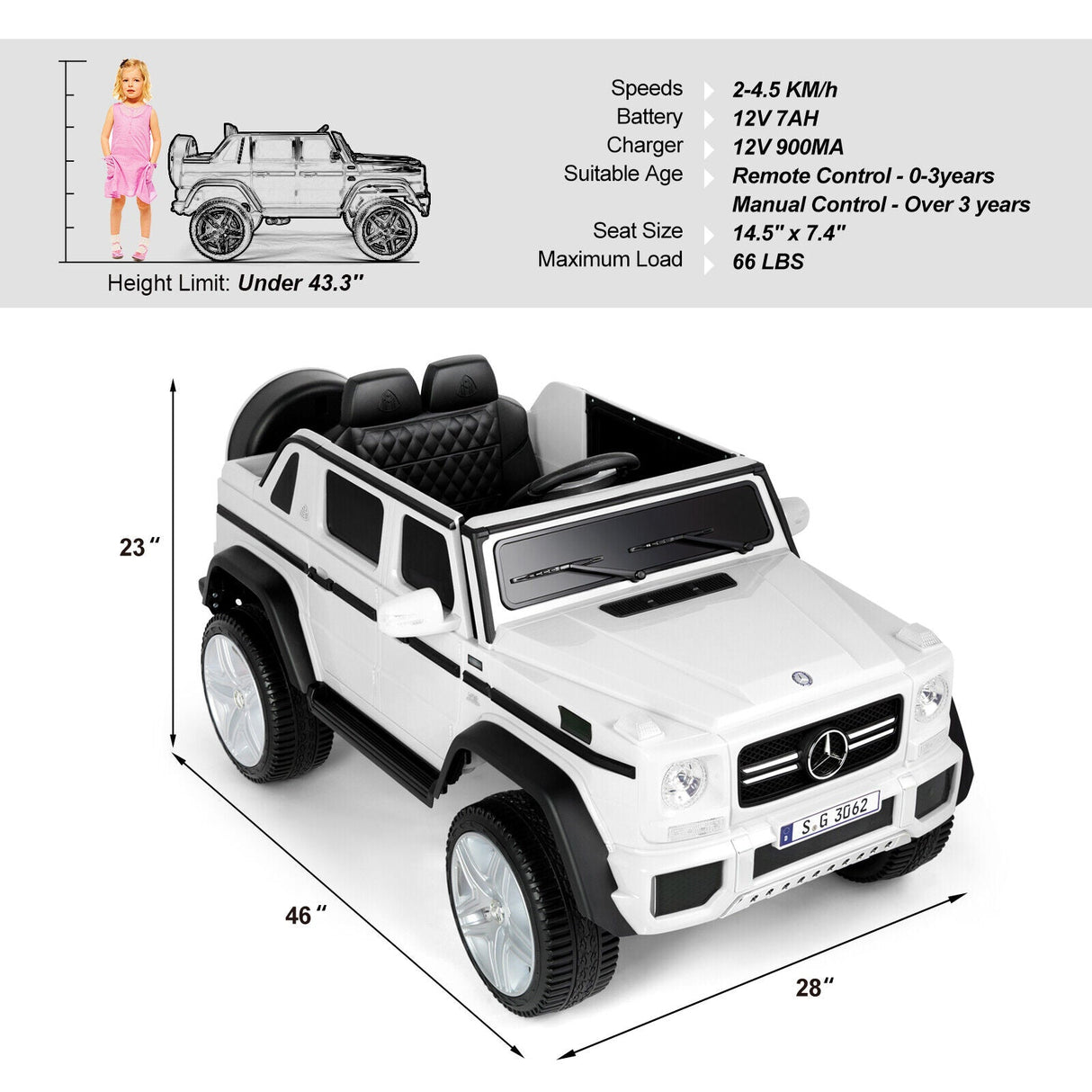 Electric Ride-On Car for Kids with Music, LED Lights, and Remote Control - 3 Speeds - White