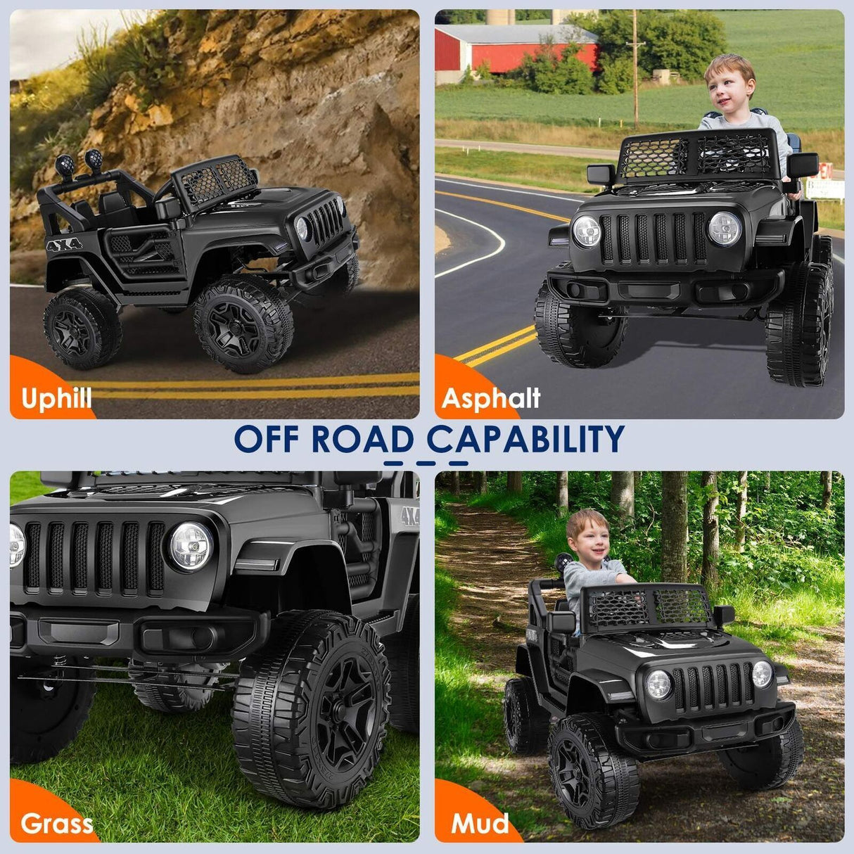 12V Kids Electric Ride-On Jeep with Remote Control and LED Lights - 3 Speed Options