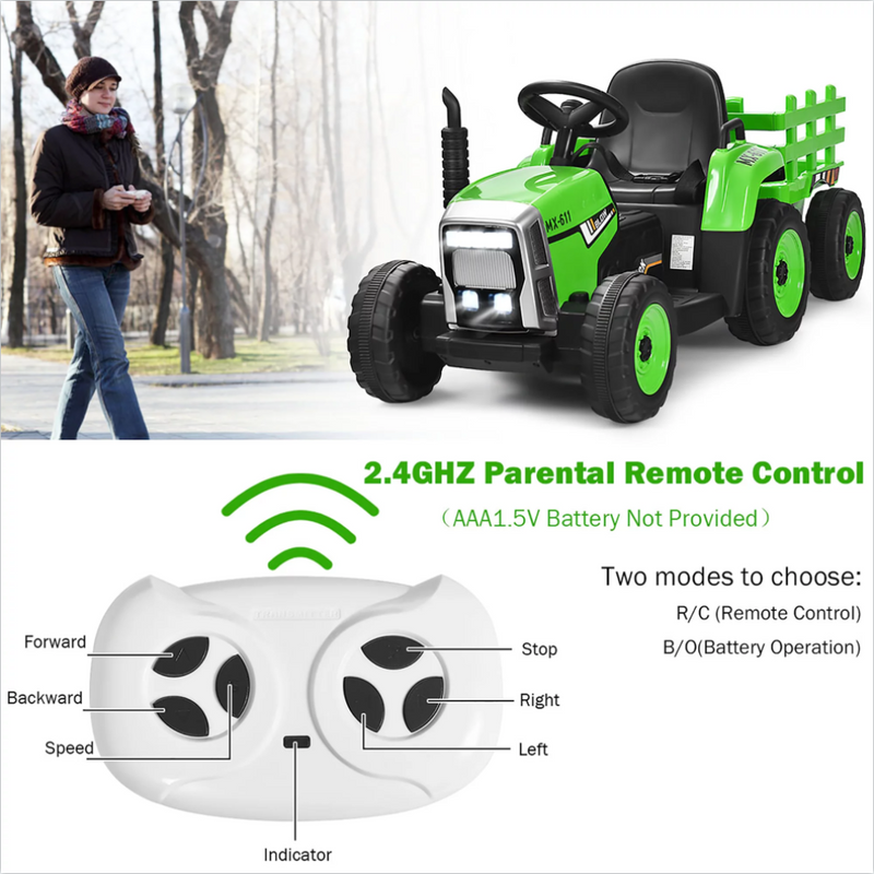 12V Kids Electric Tractor with Trailer and LED Lights - USB Compatible