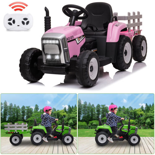 12V Kids Electric Tractor with Trailer and LED Lights - USB Compatible