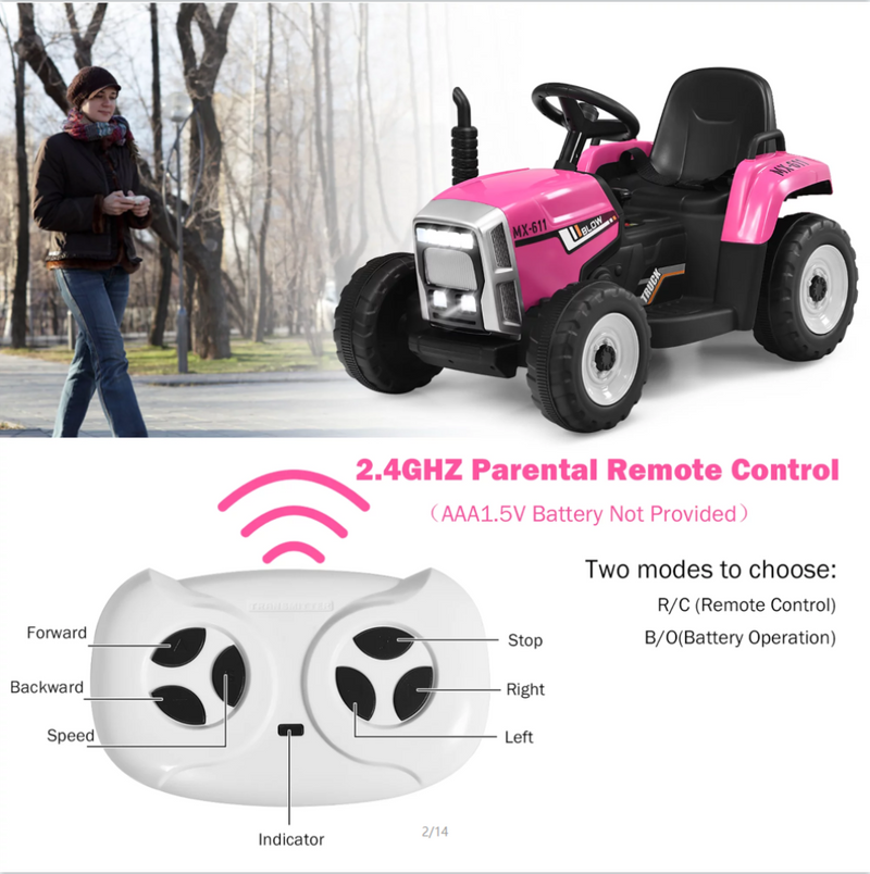 12V Kids Electric Tractor with Trailer and LED Lights - USB Compatible