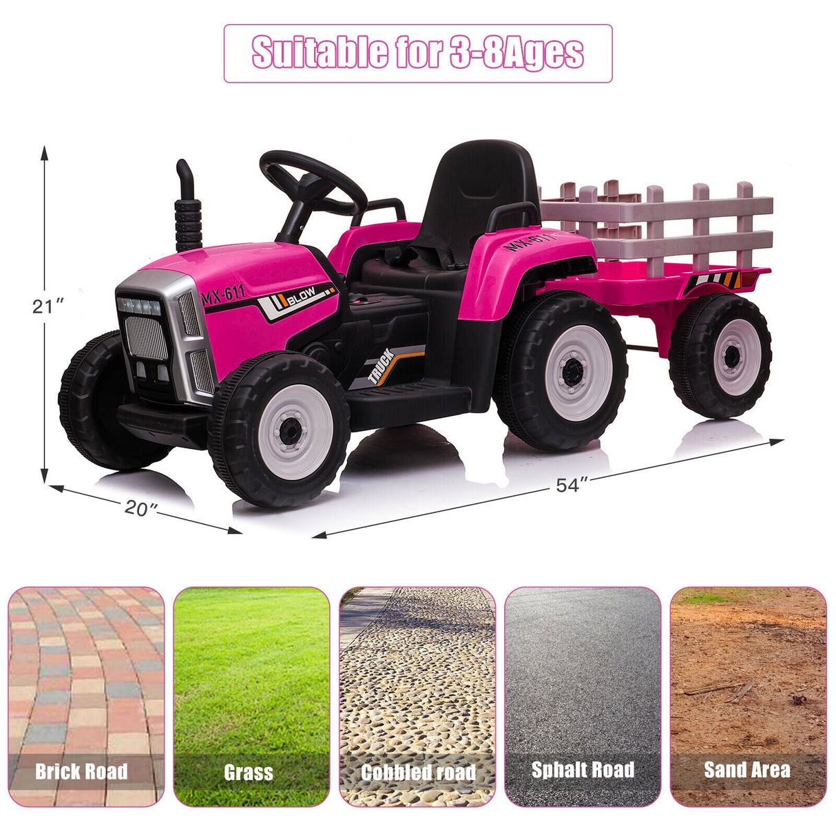 12V Kids Electric Tractor with Trailer and LED Lights - USB Compatible