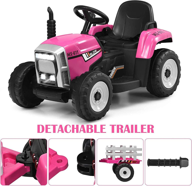 12V Kids Electric Tractor with Trailer and LED Lights - USB Compatible