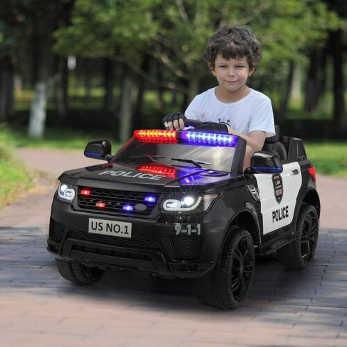 12V Kids Police Car SUV with Remote Control, Sirens, Megaphone, Lights, and Doors - AUX Compatible