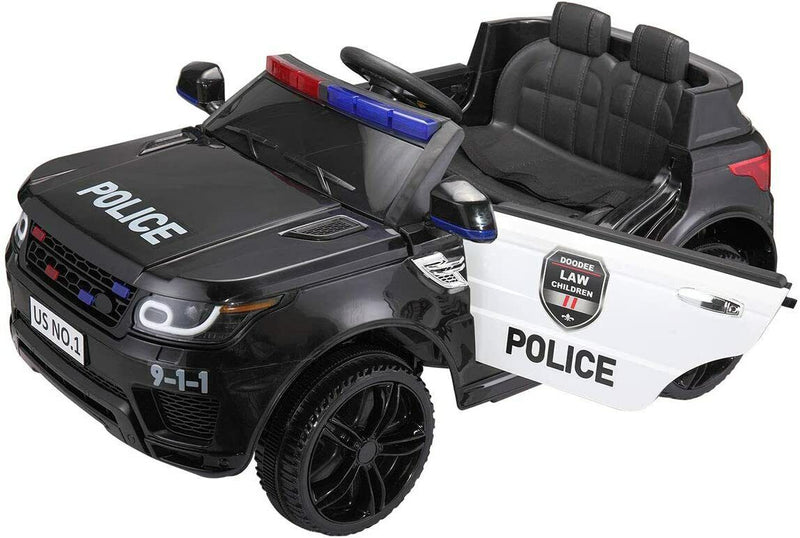 12V Kids Police Car SUV with Remote Control, Sirens, Megaphone, Lights, and Doors - AUX Compatible