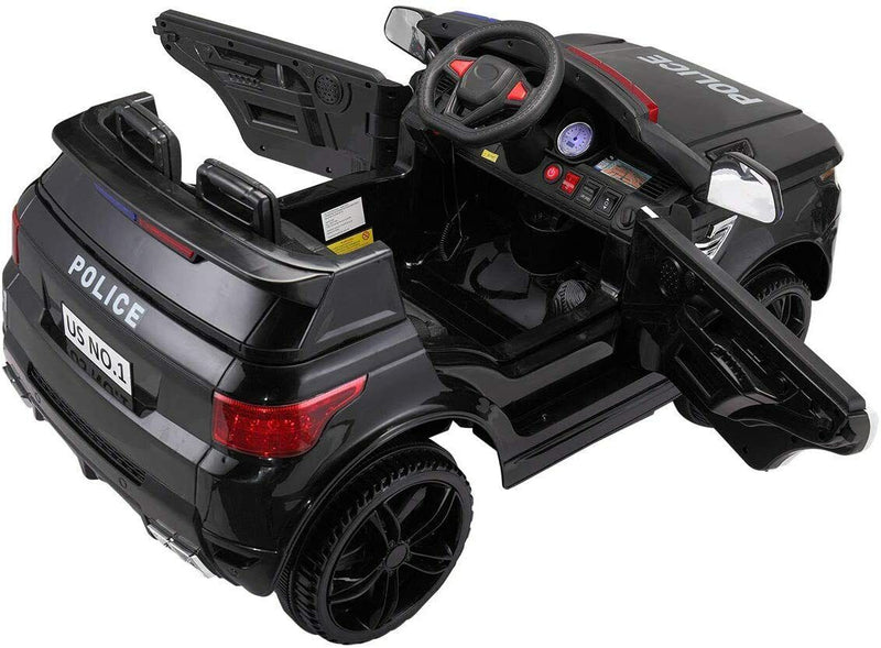 12V Kids Police Car SUV with Remote Control, Sirens, Megaphone, Lights, and Doors - AUX Compatible