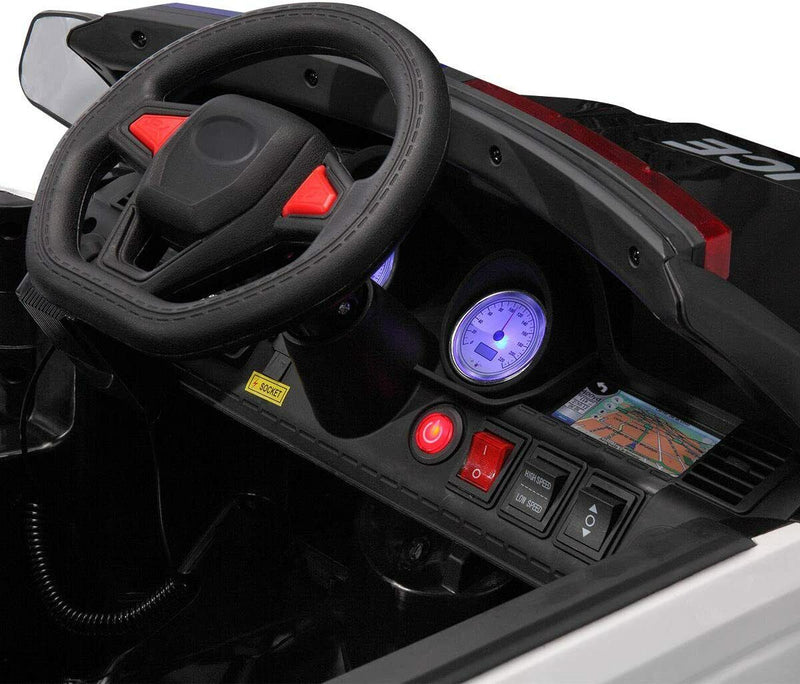 12V Kids Police Car SUV with Remote Control, Sirens, Megaphone, Lights, and Doors - AUX Compatible