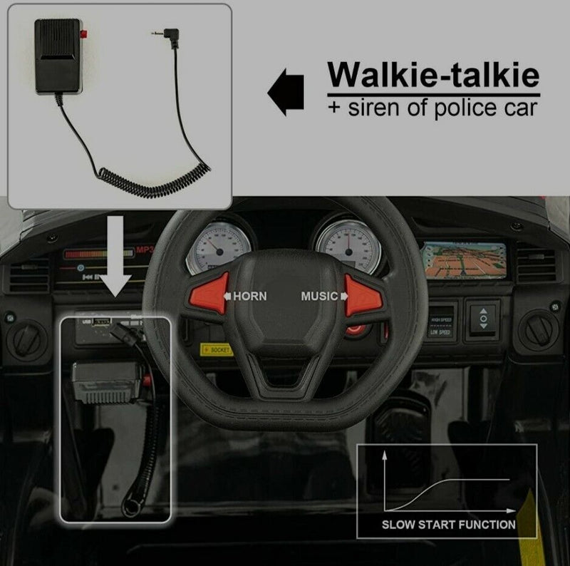 12V Kids Police Car SUV with Remote Control, Sirens, Megaphone, Lights, and Doors - AUX Compatible