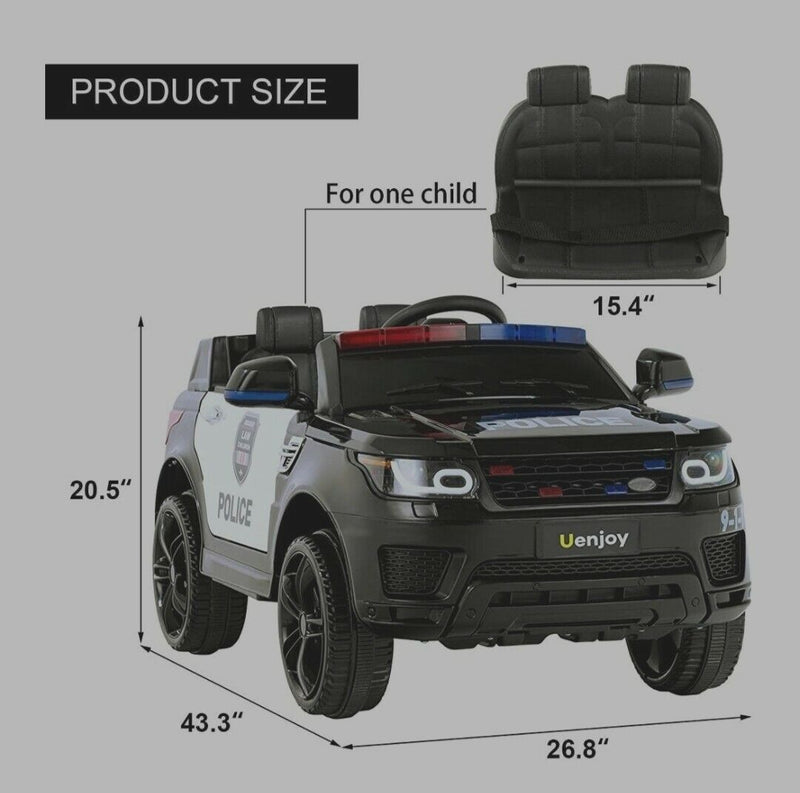 12V Kids Police Car SUV with Remote Control, Sirens, Megaphone, Lights, and Doors - AUX Compatible