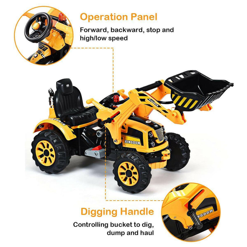12V Kids Ride On Excavator Truck with Front Loader Digger - Yellow