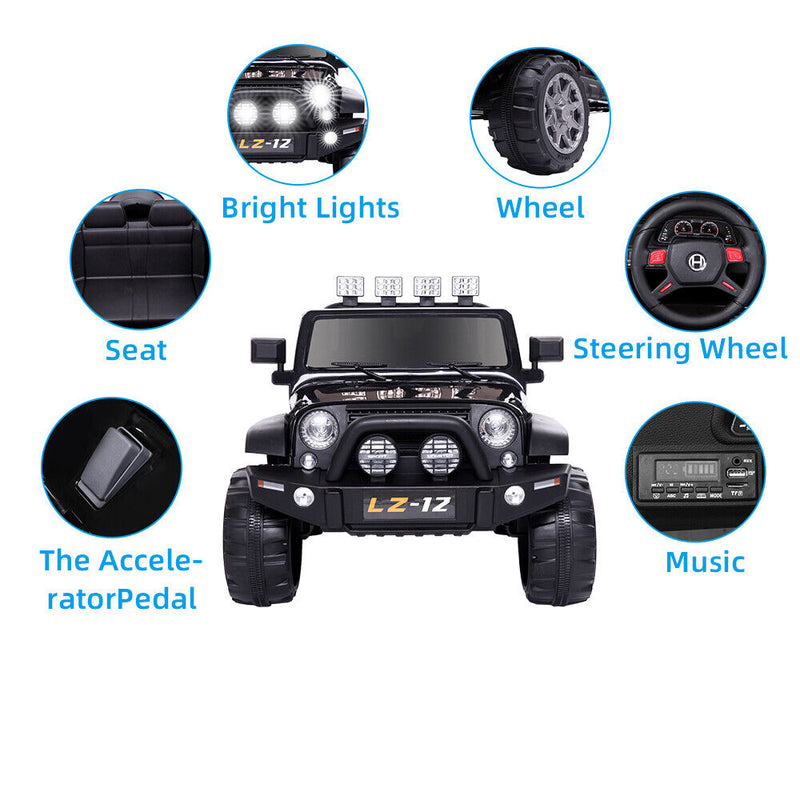 12V Kids Ride-On Jeep with Music, RC Remote Control, and Black Finish