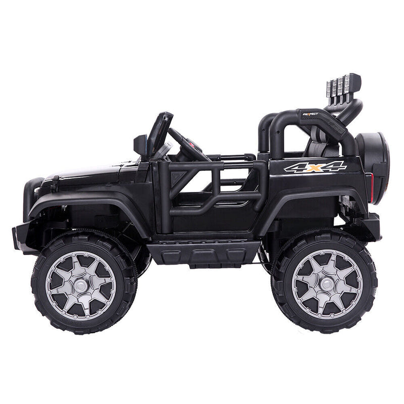 12V Kids Ride-On Jeep with Music, RC Remote Control, and Black Finish
