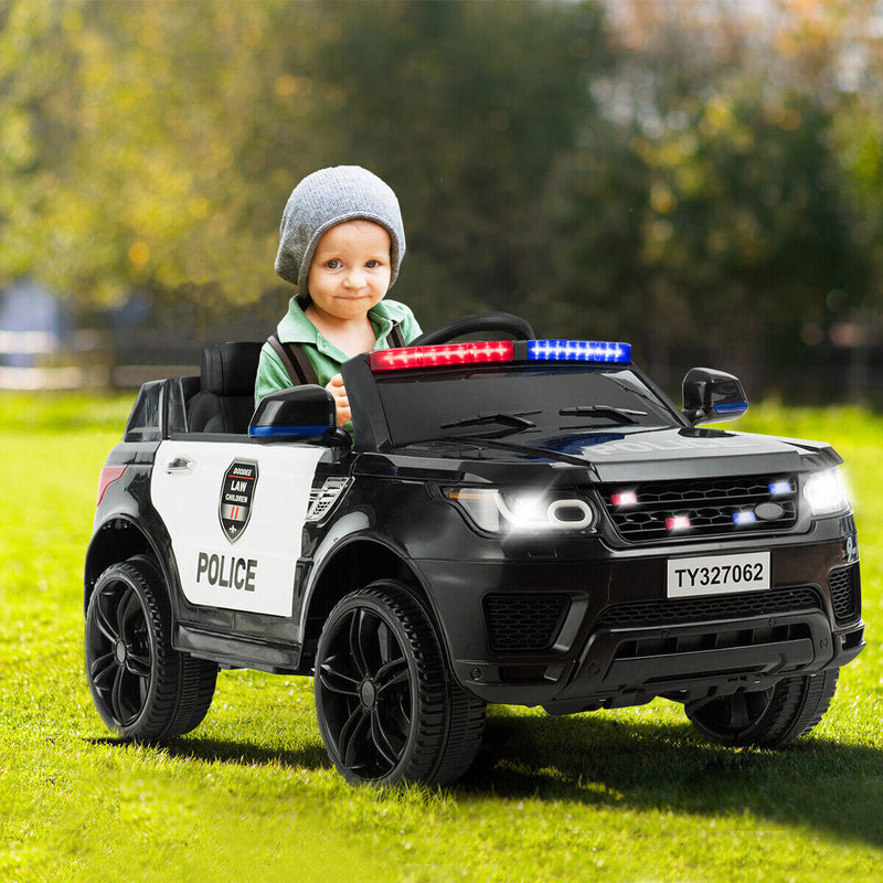 12V Kids Ride On Police Car with RC Control, Light & Siren - Black