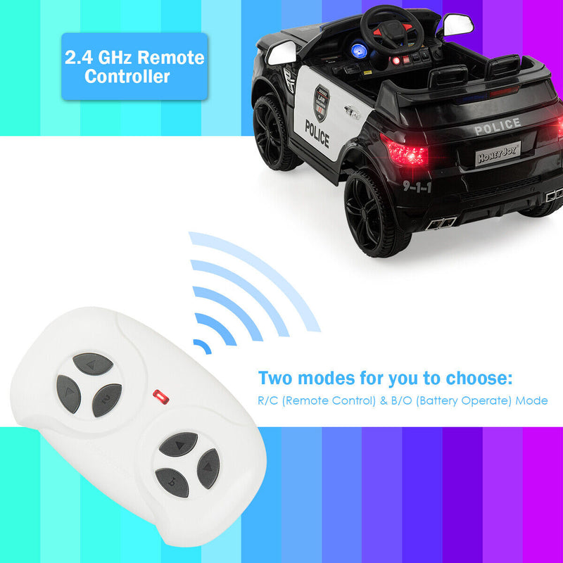 12V Kids Ride On Police Car with RC Control, Light & Siren - Black