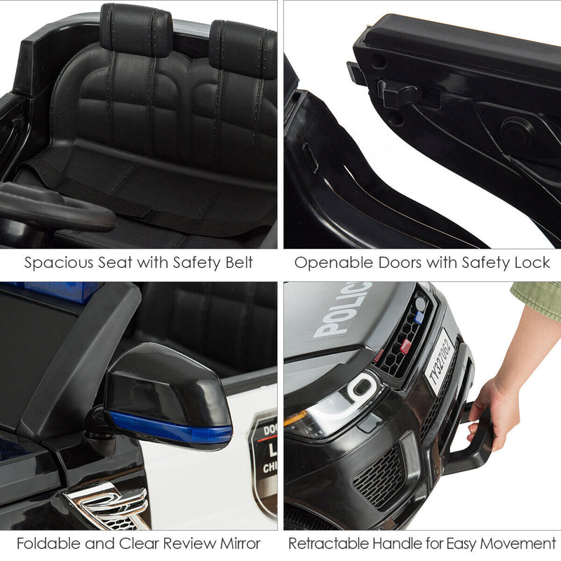 12V Kids Ride On Police Car with RC Control, Light & Siren - Black