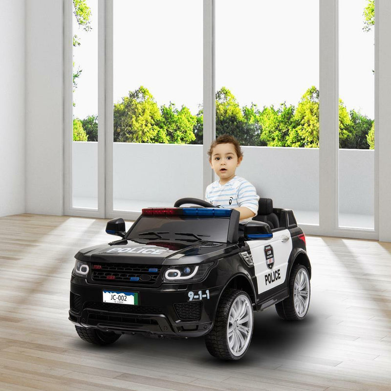 12V Kids Ride On Police SUV Car with Remote Control, LED Lights, and Music - Black