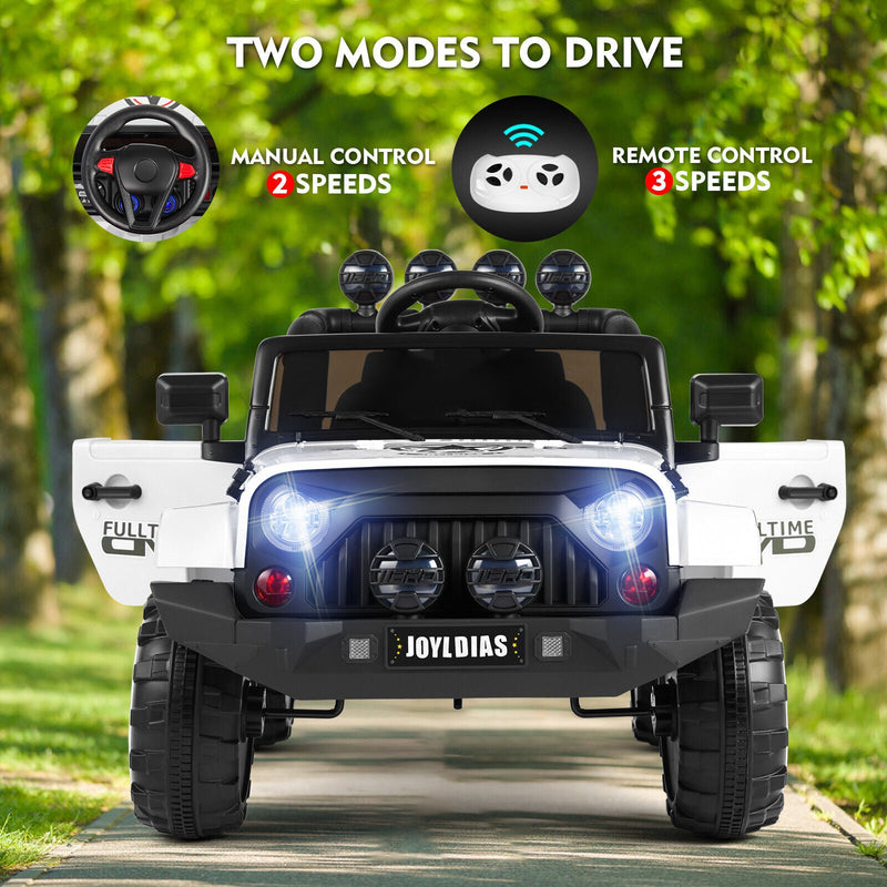 12V Electric Ride On Truck for Kids with Storage, LED Lights, MP3 Player, Bluetooth, and Remote Control - White